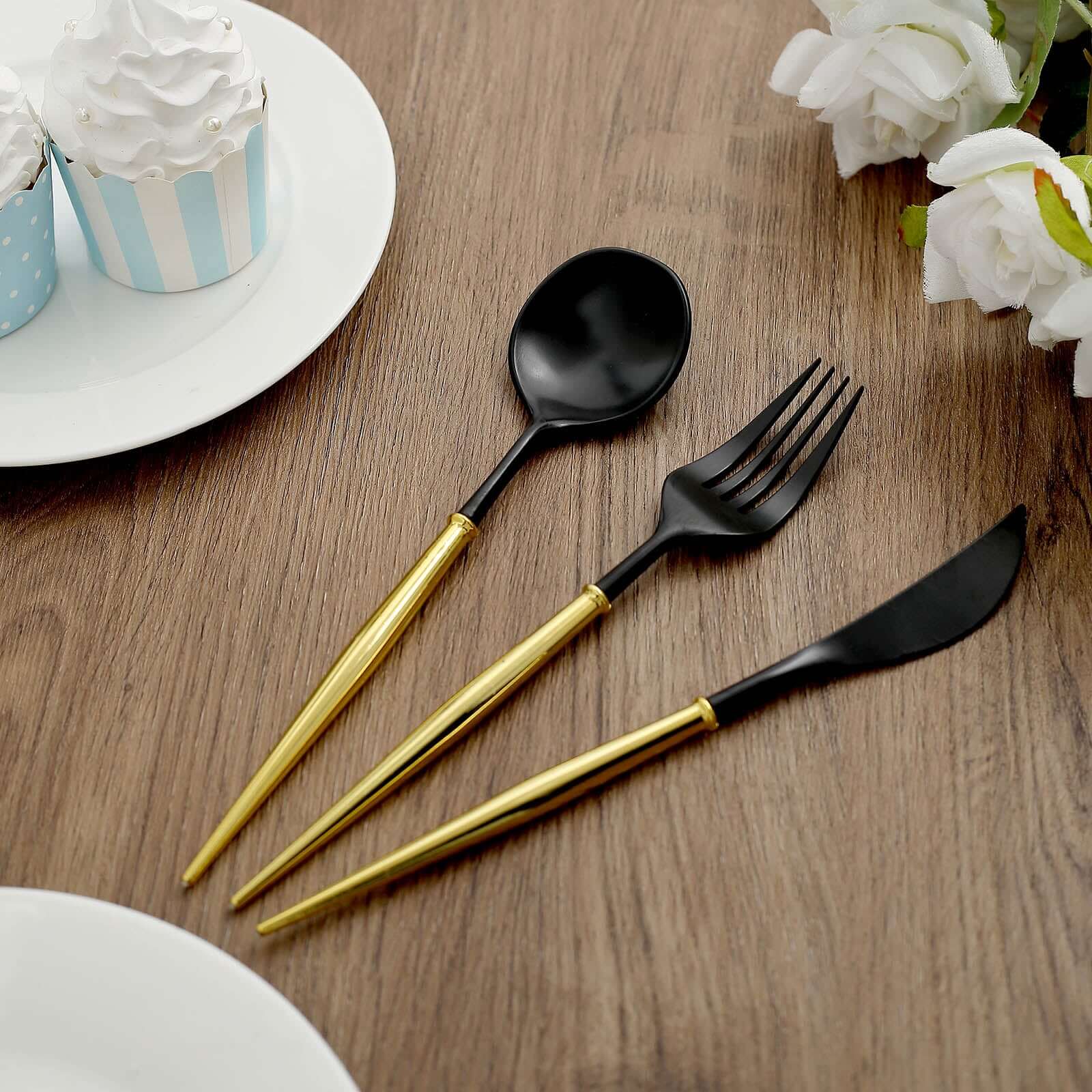 24-Pack Plastic Flatware Set in Black with Gold Handle - Heavy Duty Disposable Modern Silverware 8"