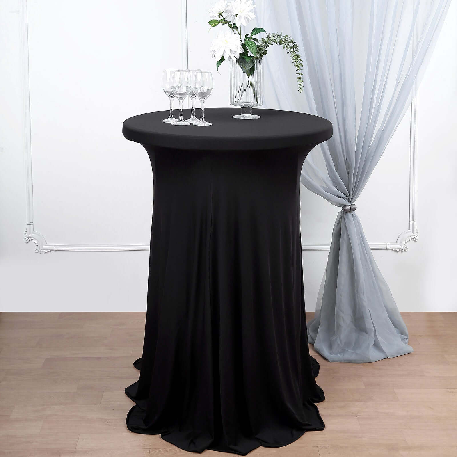 Spandex 32" Round Cocktail Table Cover Skirt Black With Natural Wavy Drapes