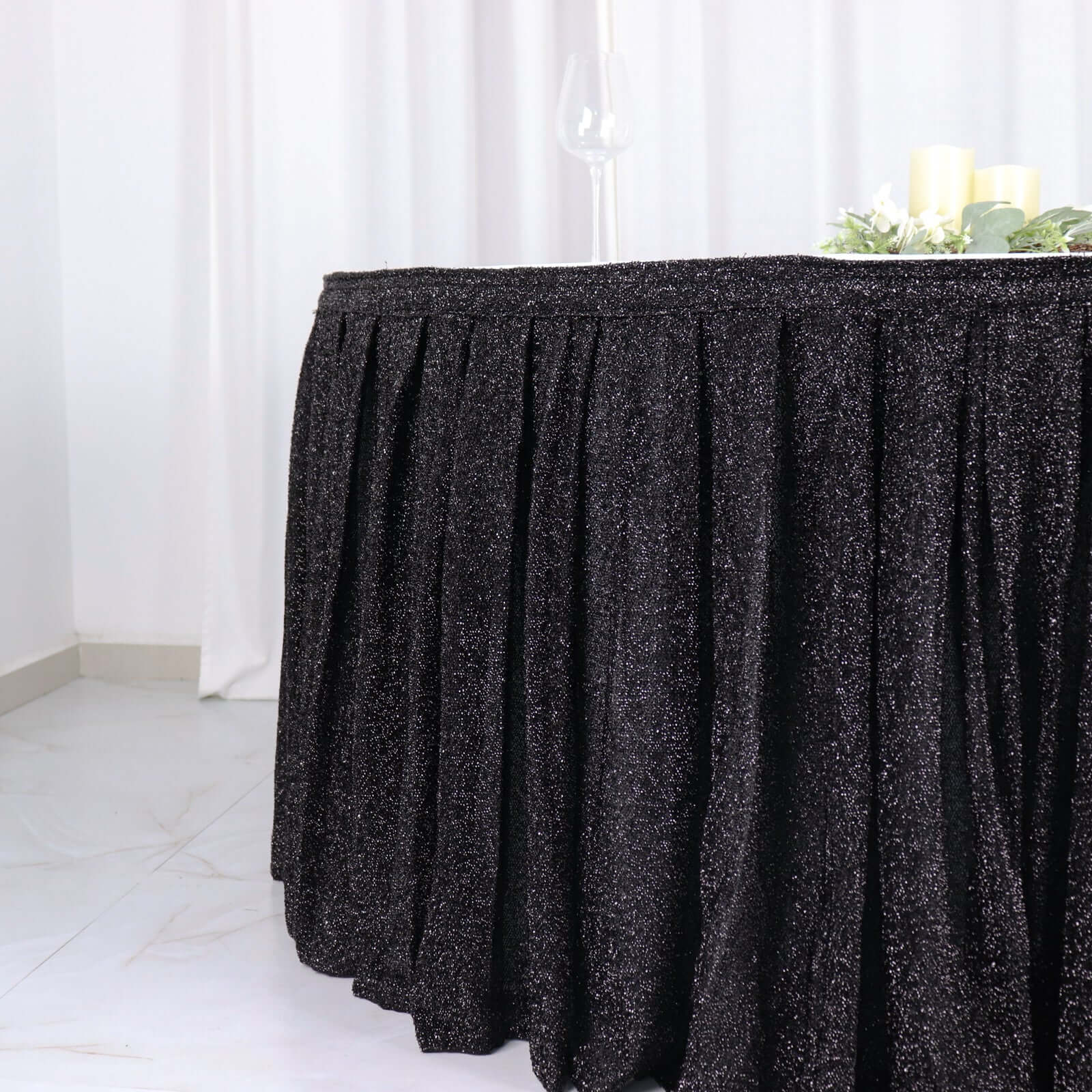 Spandex 17ft Table Skirt Black Pleated Metallic Shimmer Tinsel with Top Velcro Strip Table Cover