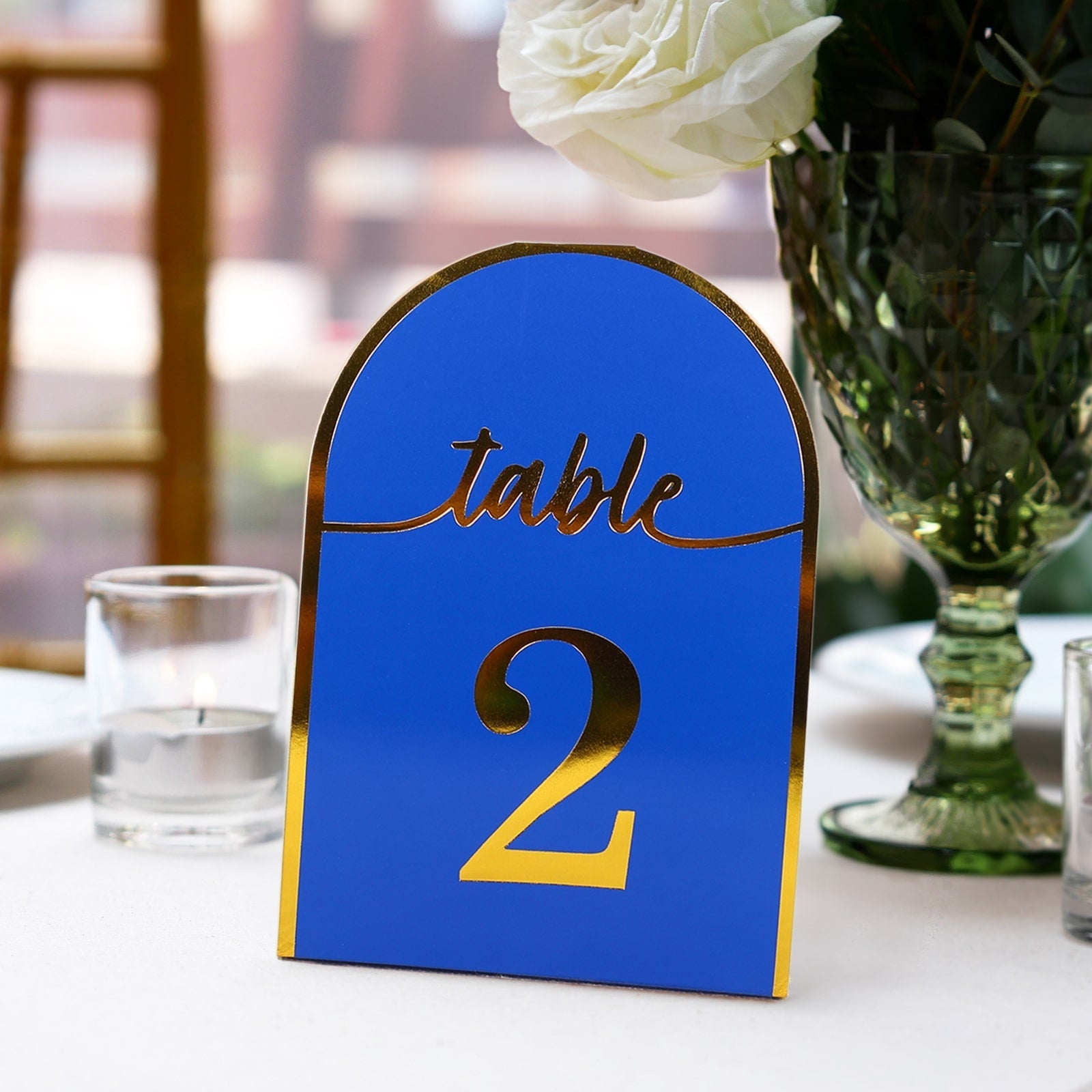 25-Pack Paper Wedding Table Numbers 1-25 Royal Blue Arch Cutout Design - Sleek & Modern Free Standing Double Sided Table Tent Cards with Metallic Gold Foil Numbers 7"