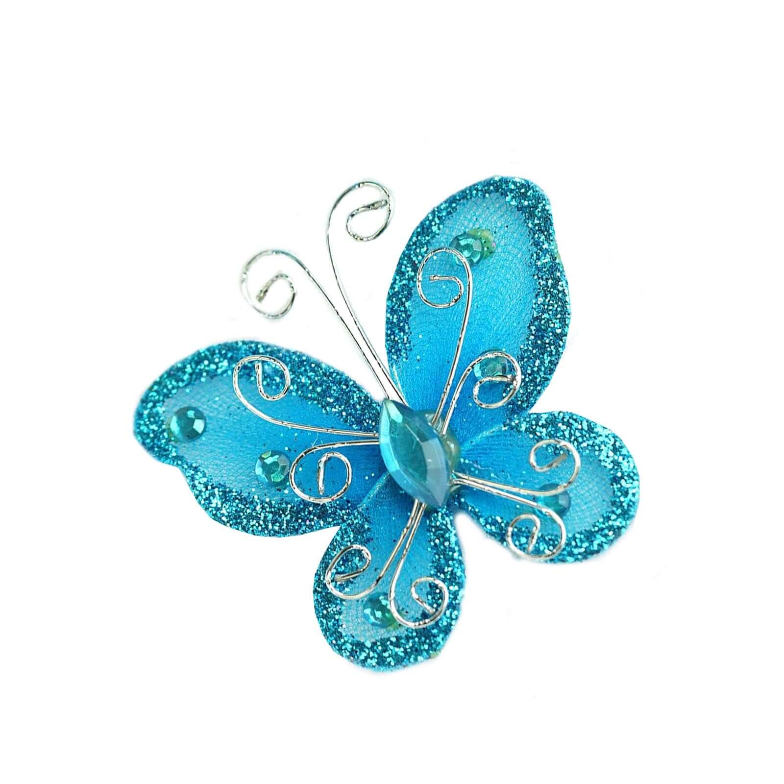 12 Pack 2" Turquoise Diamond Studded Wired Organza Butterflies