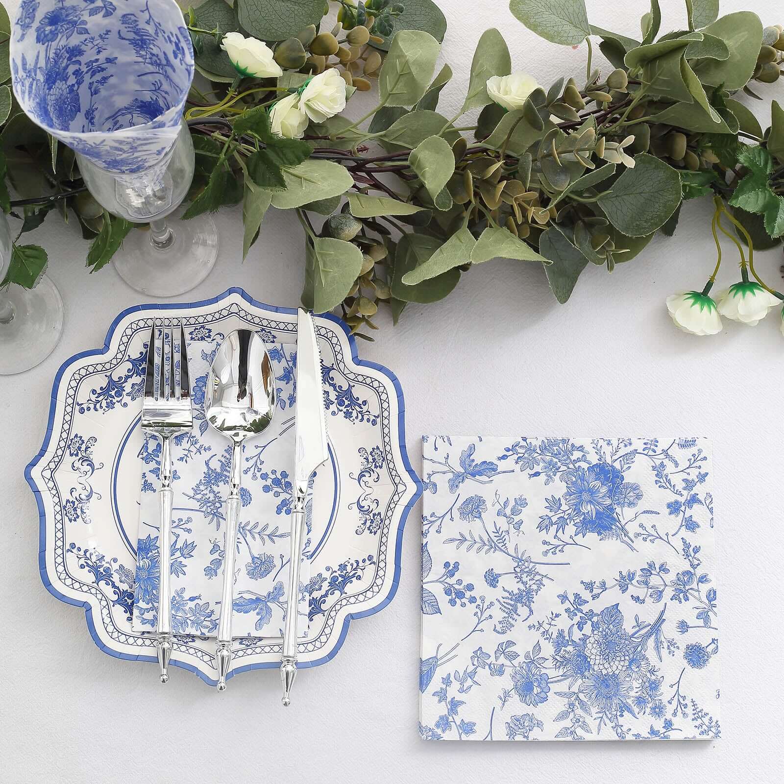20-Pack Paper Cocktail Napkins with French Toile Print White/Blue - Disposable 2 Ply Beverage Napkins for Events 5"x5"