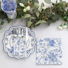 20-Pack Paper Cocktail Napkins with French Toile Print White/Blue - Disposable 2 Ply Beverage Napkins for Events 5"x5"