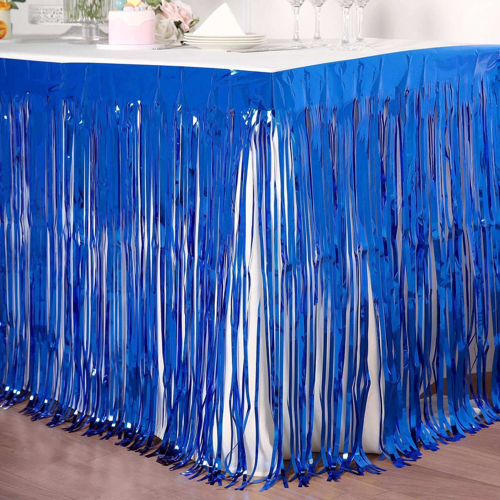 Metallic Foil Fringe Table Skirt Royal Blue with Self Adhesive Backing - Durable Tinsel Skirt for Parties 30"x9ft