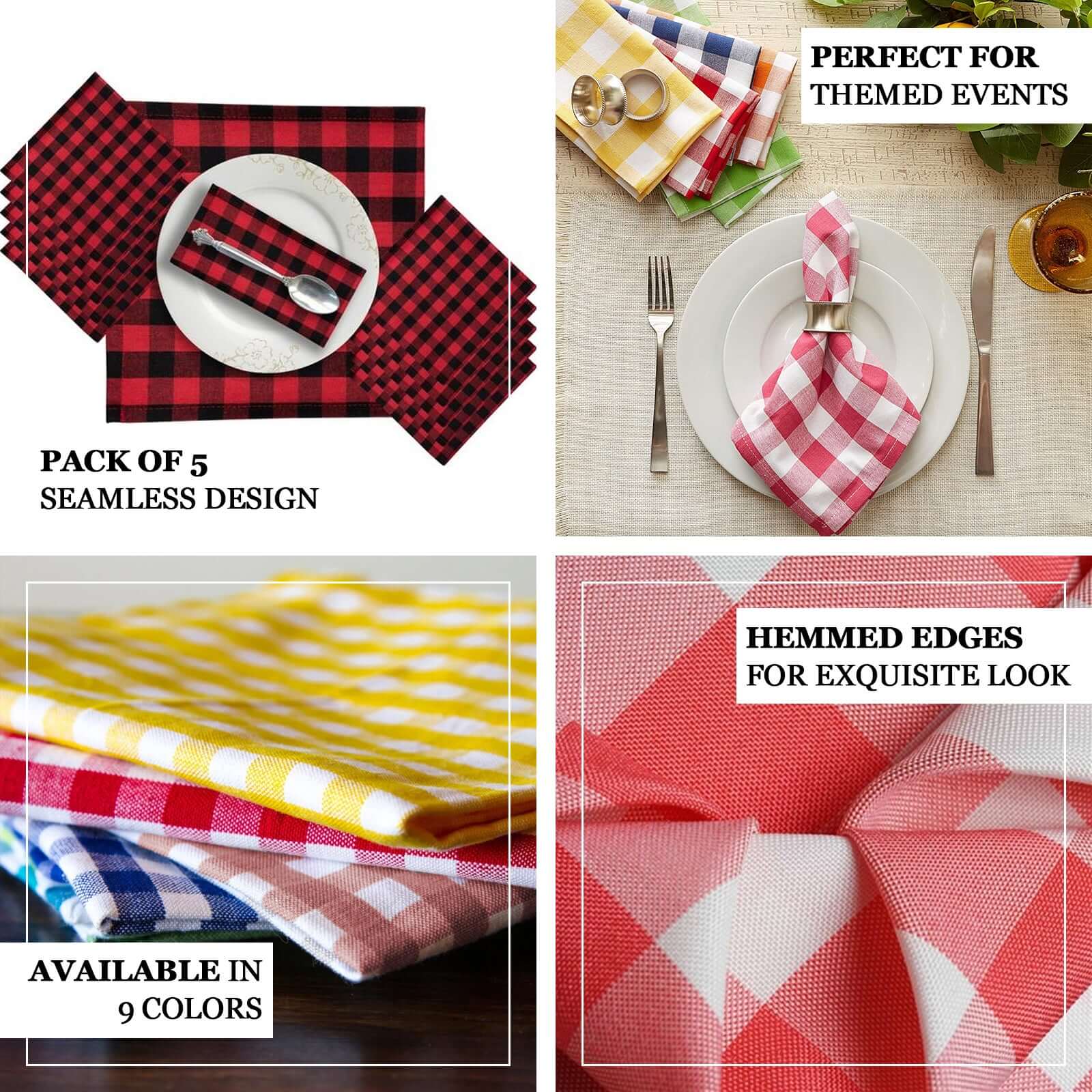 5 Pack Polyester 15"x15" Napkins Blue/White Buffalo Plaid Gingham Style Cloth Napkins