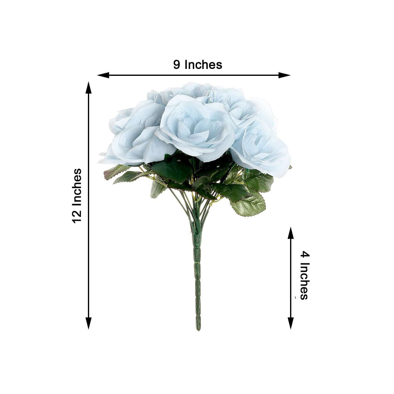 12" Ice Blue Artificial Velvet-Like Fabric Rose Flower Bouquet Bush