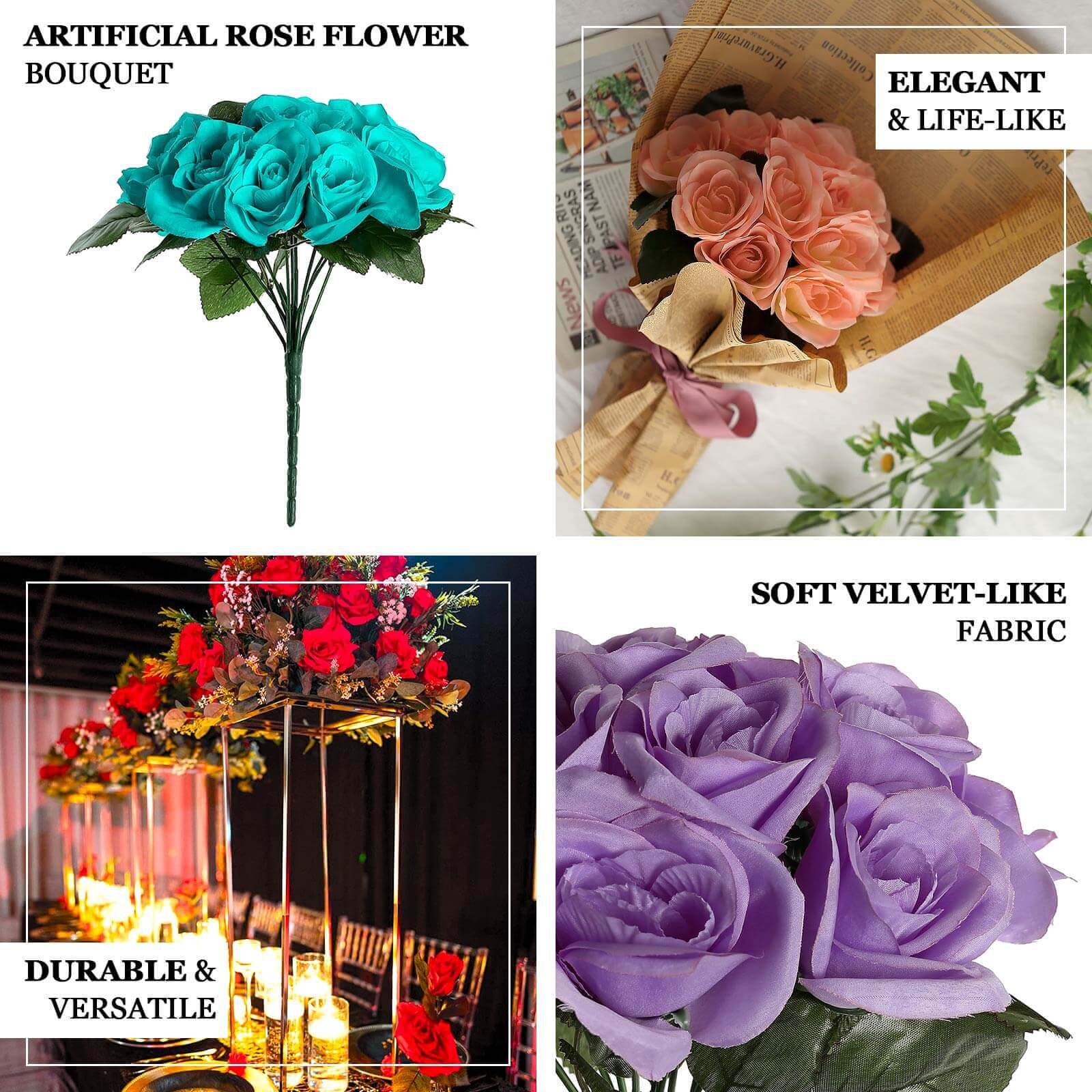 12" Royal Blue Artificial Velvet-Like Fabric Rose Flower Bouquet Bush