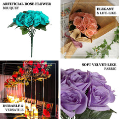 12" Royal Blue Artificial Velvet-Like Fabric Rose Flower Bouquet Bush