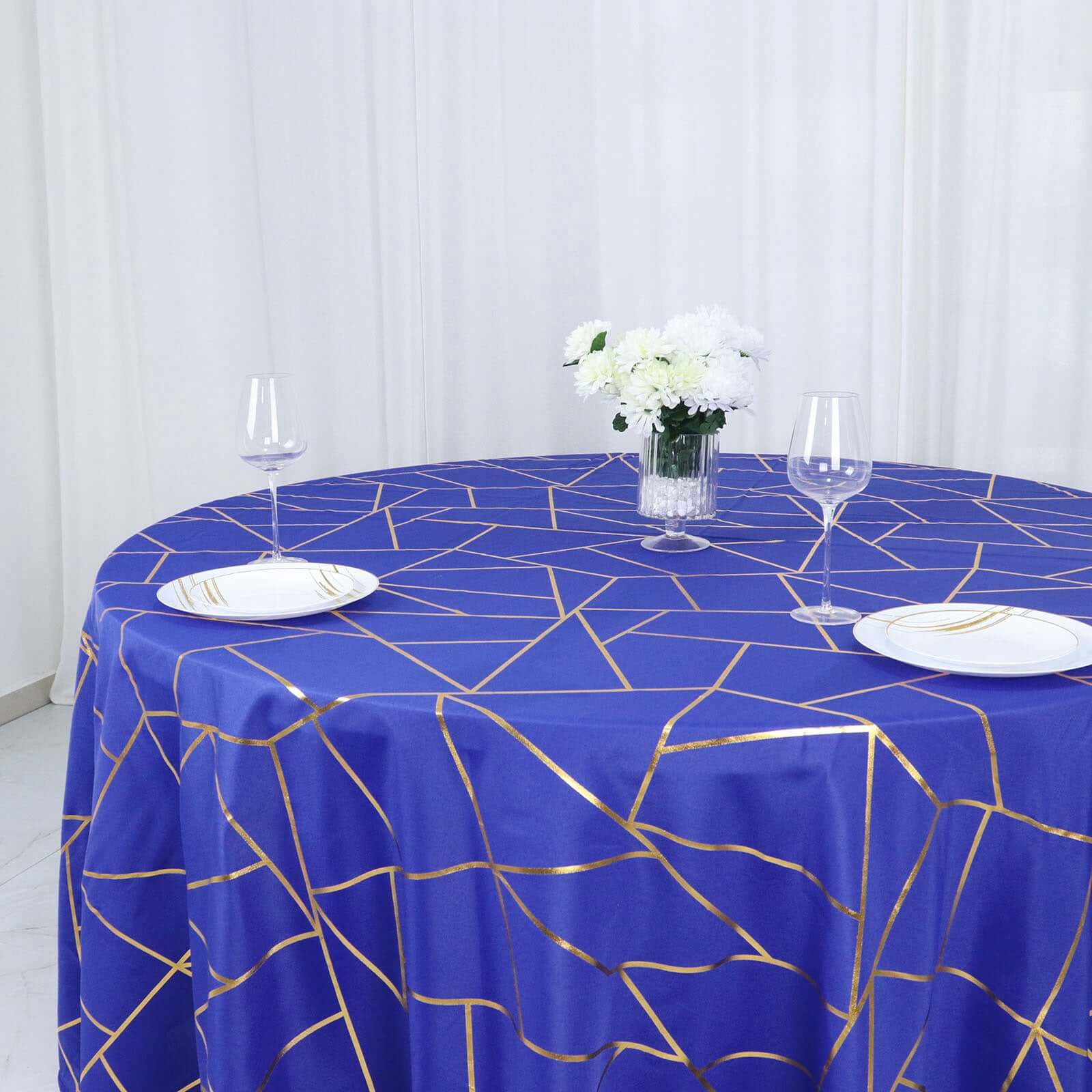 Polyester 120" Round Tablecloth Royal with Gold Foil Geometric Pattern Wrinkle-Resistant Seamless Table Cover