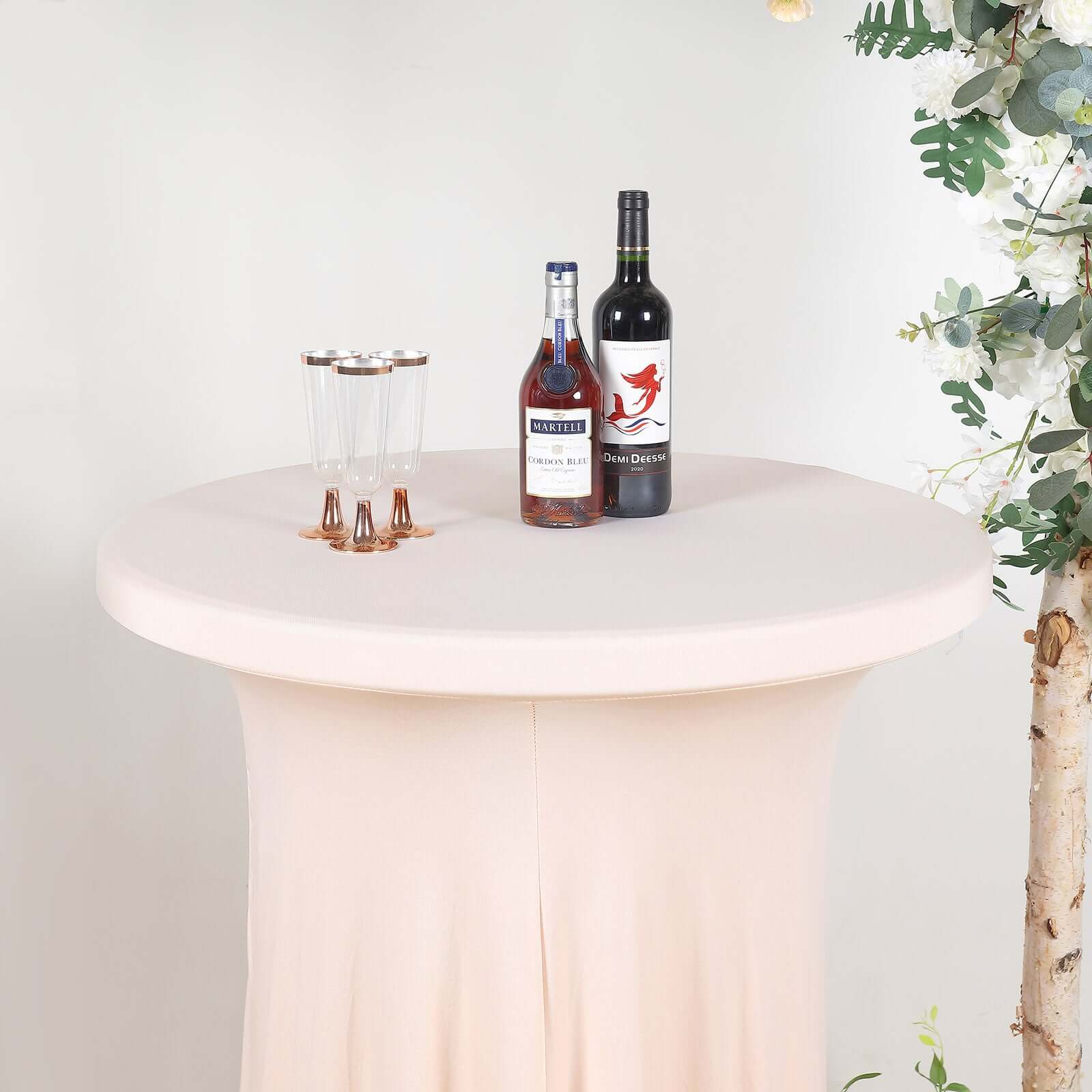 Spandex 32" Round Cocktail Table Cover Skirt Blush With Natural Wavy Drapes