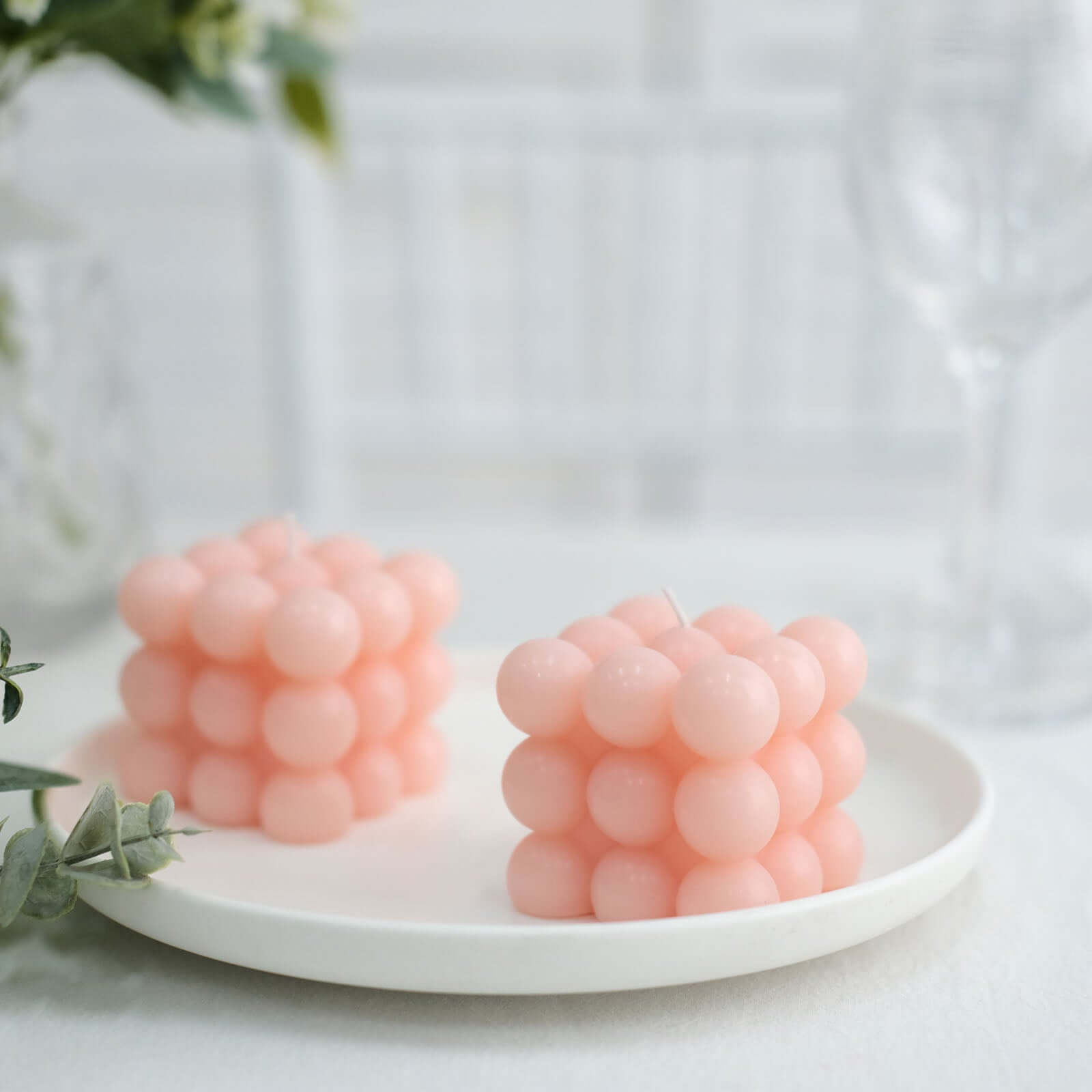 2-Pack Decorative Paraffin Wax Candles Bubble Cube Design Blush - Unscented Long Burning Pillar Candle Set 2"