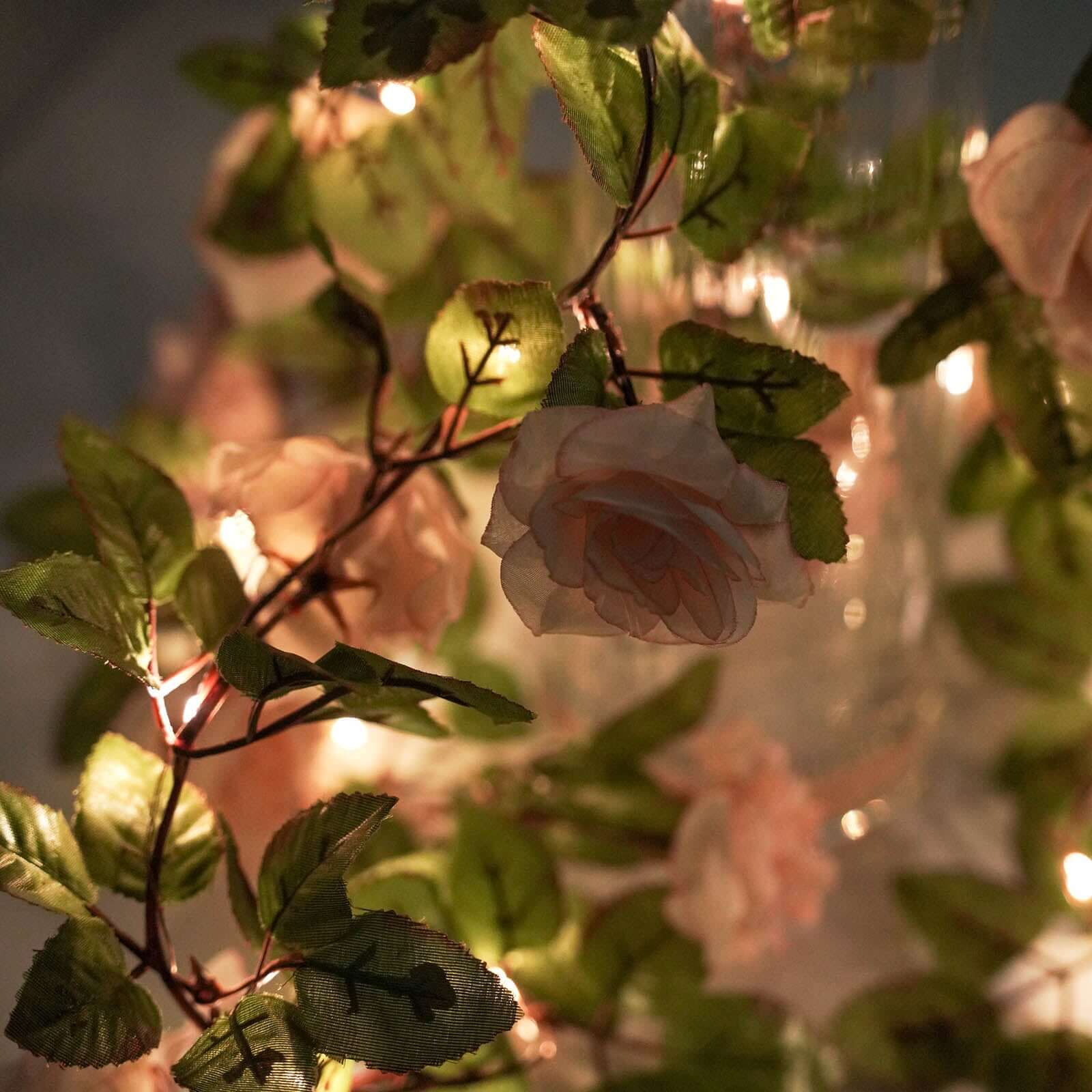 7ft 20 LED Blush Silk Rose Flower Garland Vine String Lights, Warm White Battery Operated