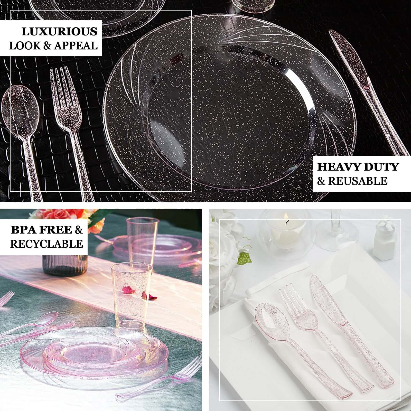 25-Pack Plastic Knives Transparent Blush Glitter Classic Heavy Duty - Decorative Disposable Cutlery 7"
