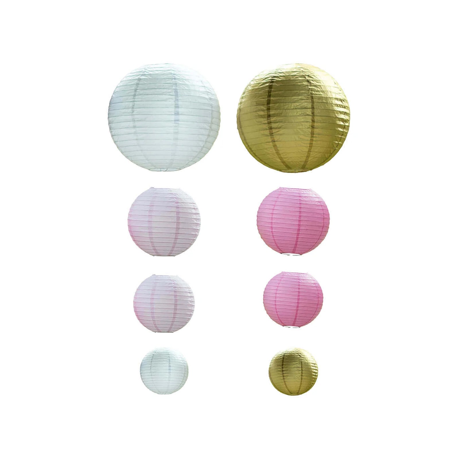 Set of 8 Mixed Blush Gold Hanging Paper Lanterns, Decorative Round Chinese Sky Lanterns, Assorted Sizes - 6",8",10",14"