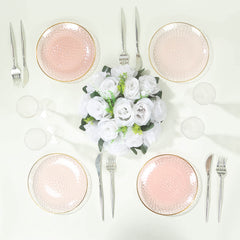 10-Pack Plastic 7" Round Dessert Appetizer Plates in Transparent Blush Hammered Design with Gold Rim - Modern Disposable Salad Plates