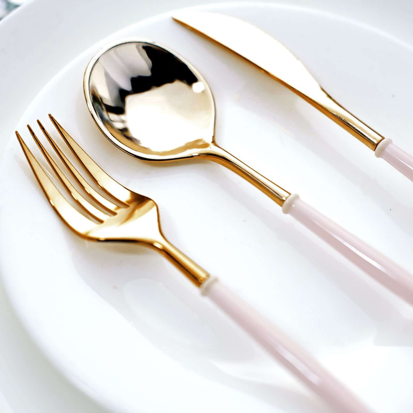 24-Pack Plastic Flatware Set in Metallic Gold with Blush Handle - Heavy Duty Disposable Modern Silverware 8"