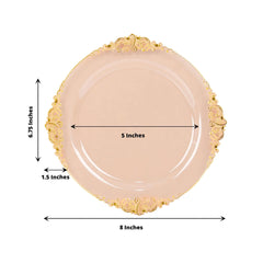 10-Pack Plastic 8" Round Dessert Plates in Transparent Blush with Gold Leaf Embossed Rim - Disposable Vintage Baroque Style Salad Plates