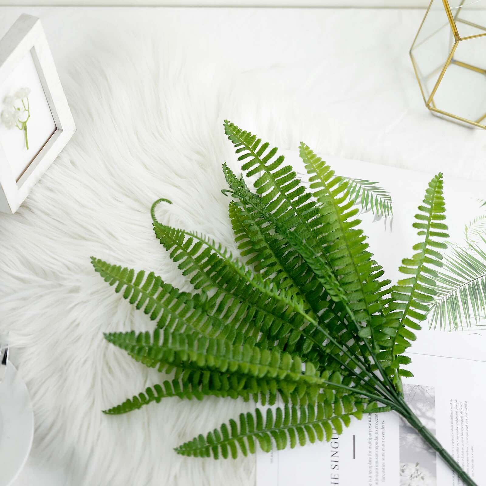 2 Stems 18" Green Artificial Boston Fern Leaf Plant Indoor Faux Spray