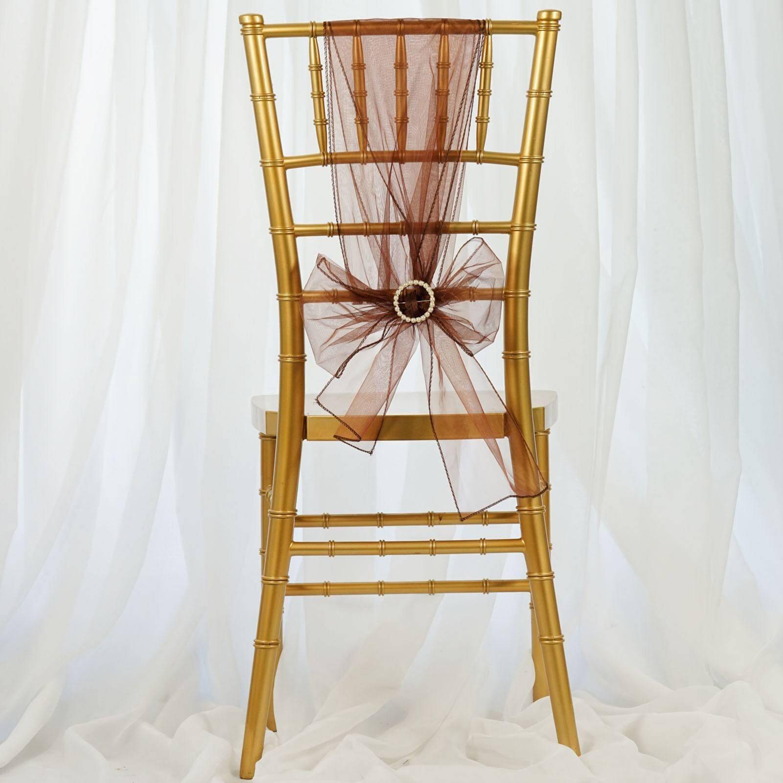 5 Pack Organza Chair Sashes Chocolate - Reusable Sheer Chair Bows 6"x108"