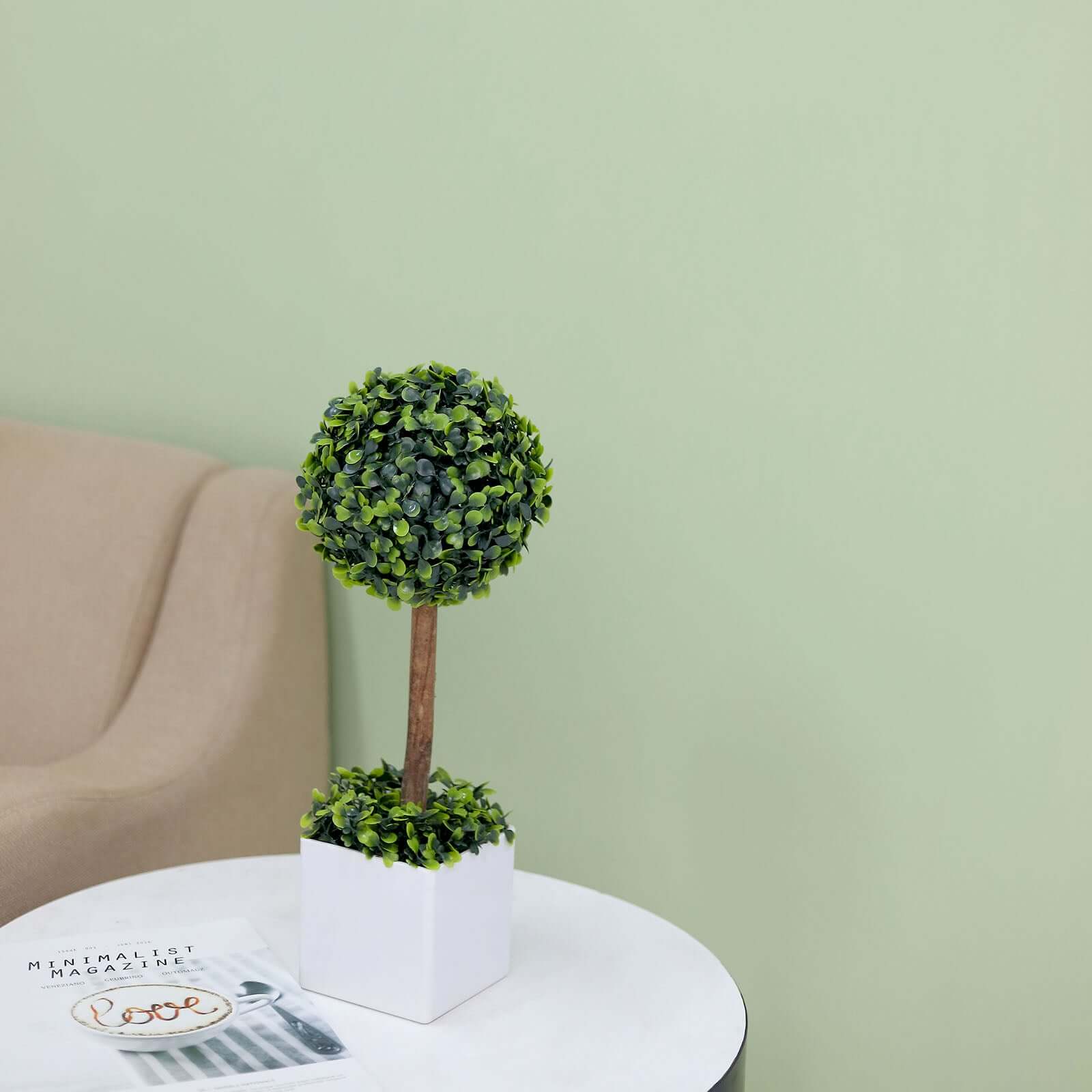16" Green Artificial Boxwood Topiary Ball Tree In White Planter Pot