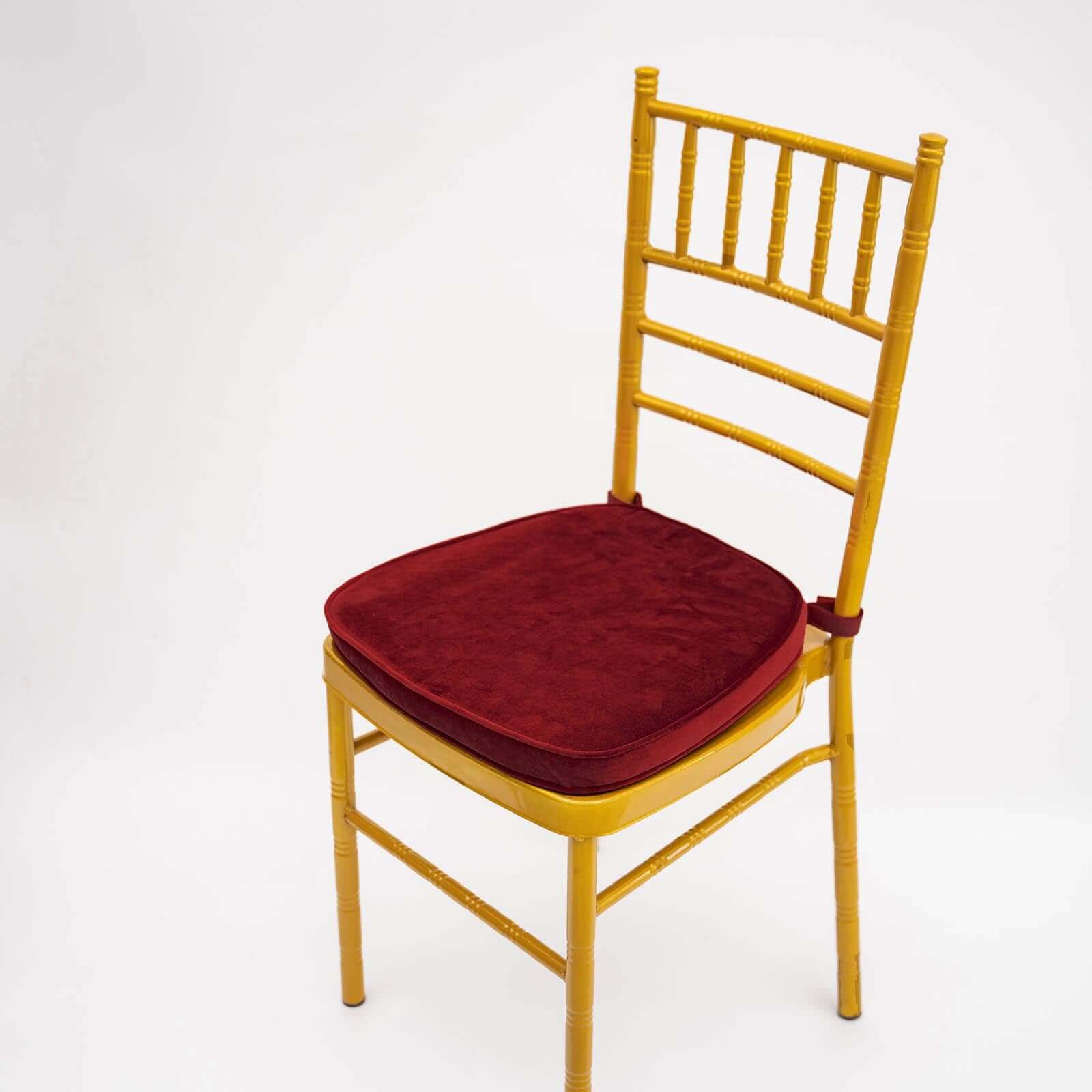 2" Thick Burgundy Velvet Chiavari Chair Pad, Memory Foam Seat Cushion With Ties and Removable Cover