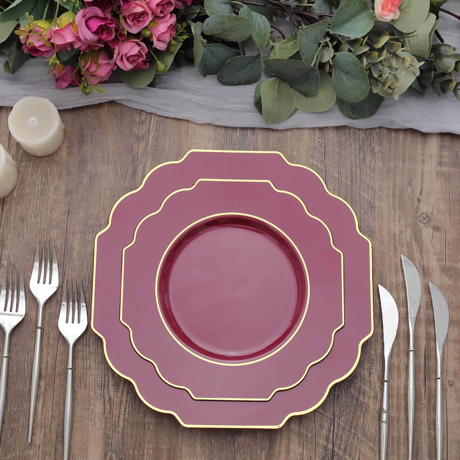 10-Pack Plastic Dinner Plates in Burgundy Baroque Design with Scalloped Gold Rim - Heavy Duty Disposable Party Plates 11"