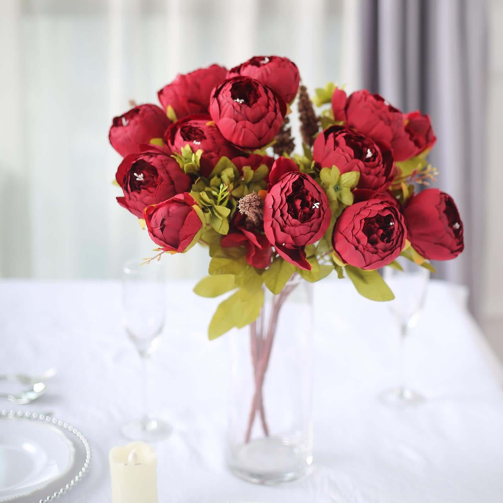 2 Pack 19" Burgundy Artificial Peony Flower Wedding Bouquets, Faux Silk Flower Arrangements