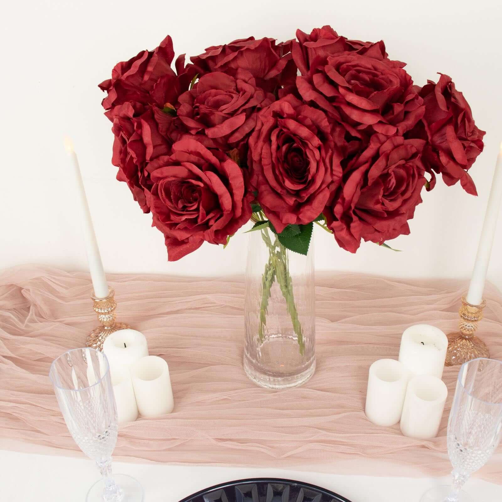 2 Bushes 17" Burgundy Premium Silk Jumbo Rose Flower Bouquet, High Quality Artificial Wedding Floral Arrangements