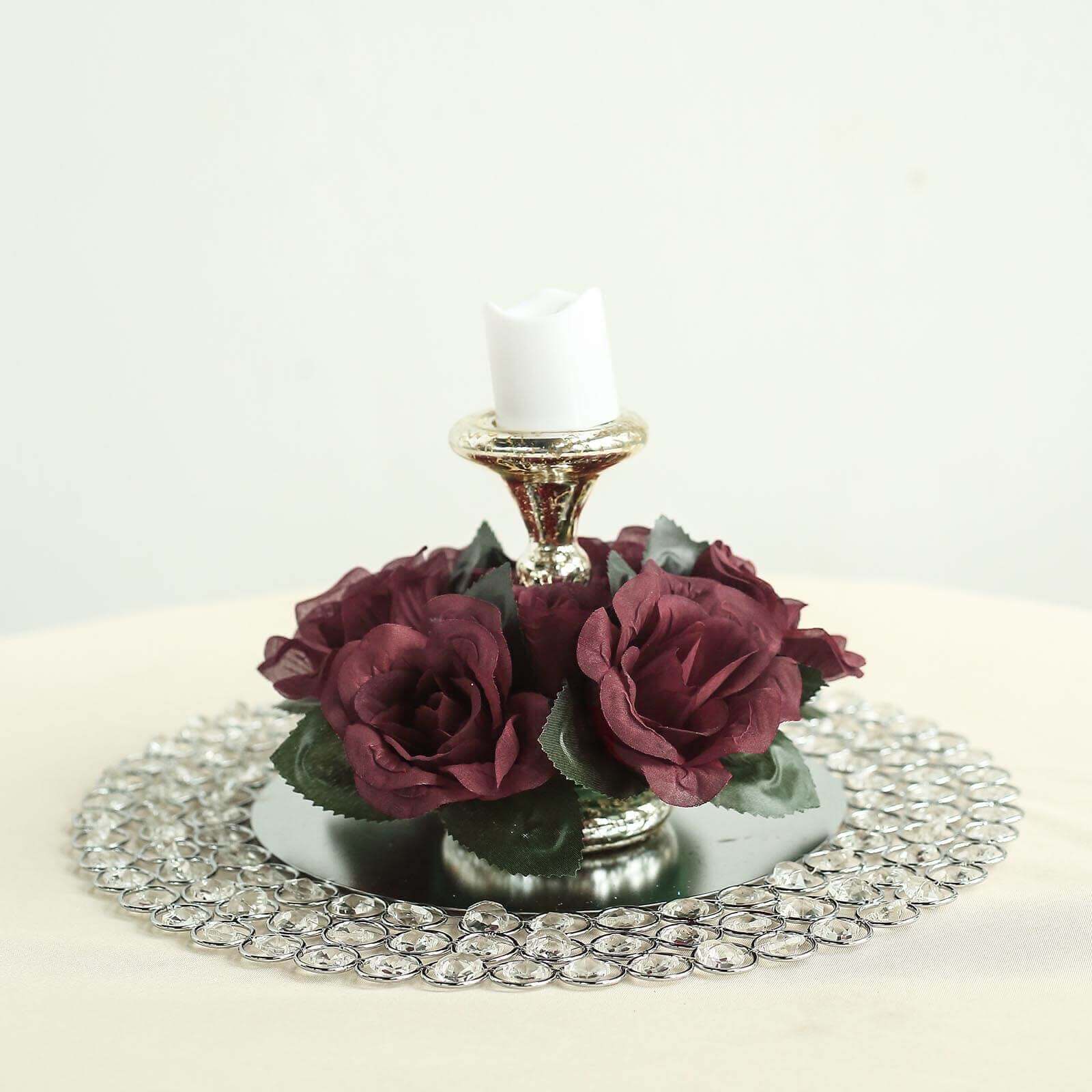 4 Pack 3" Burgundy Artificial Silk Rose Flower Candle Ring Wreaths