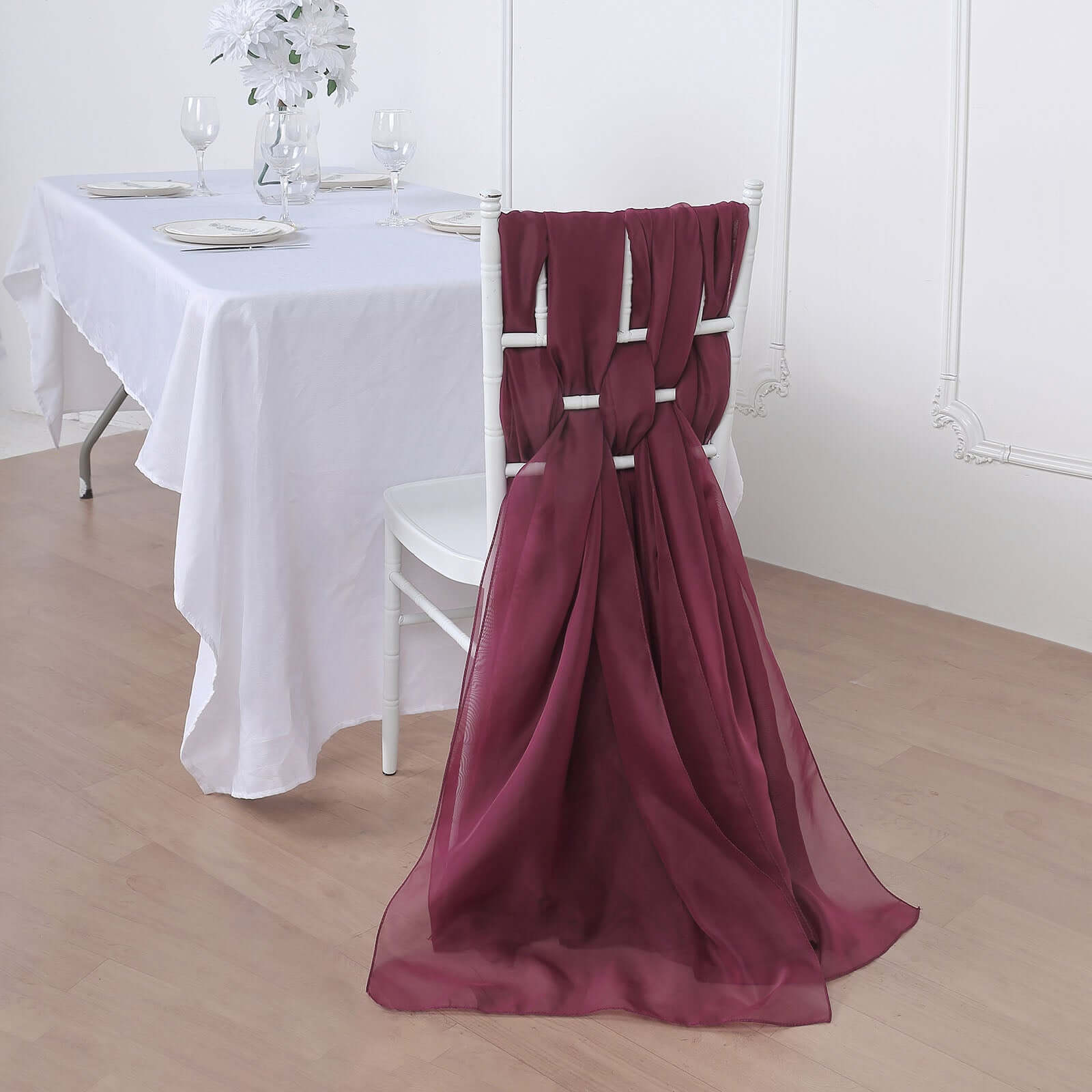 5 Pack Premium Chiffon Chair Sashes Burgundy - Soft & Lightweight Designer Chair Bows 22"x78"