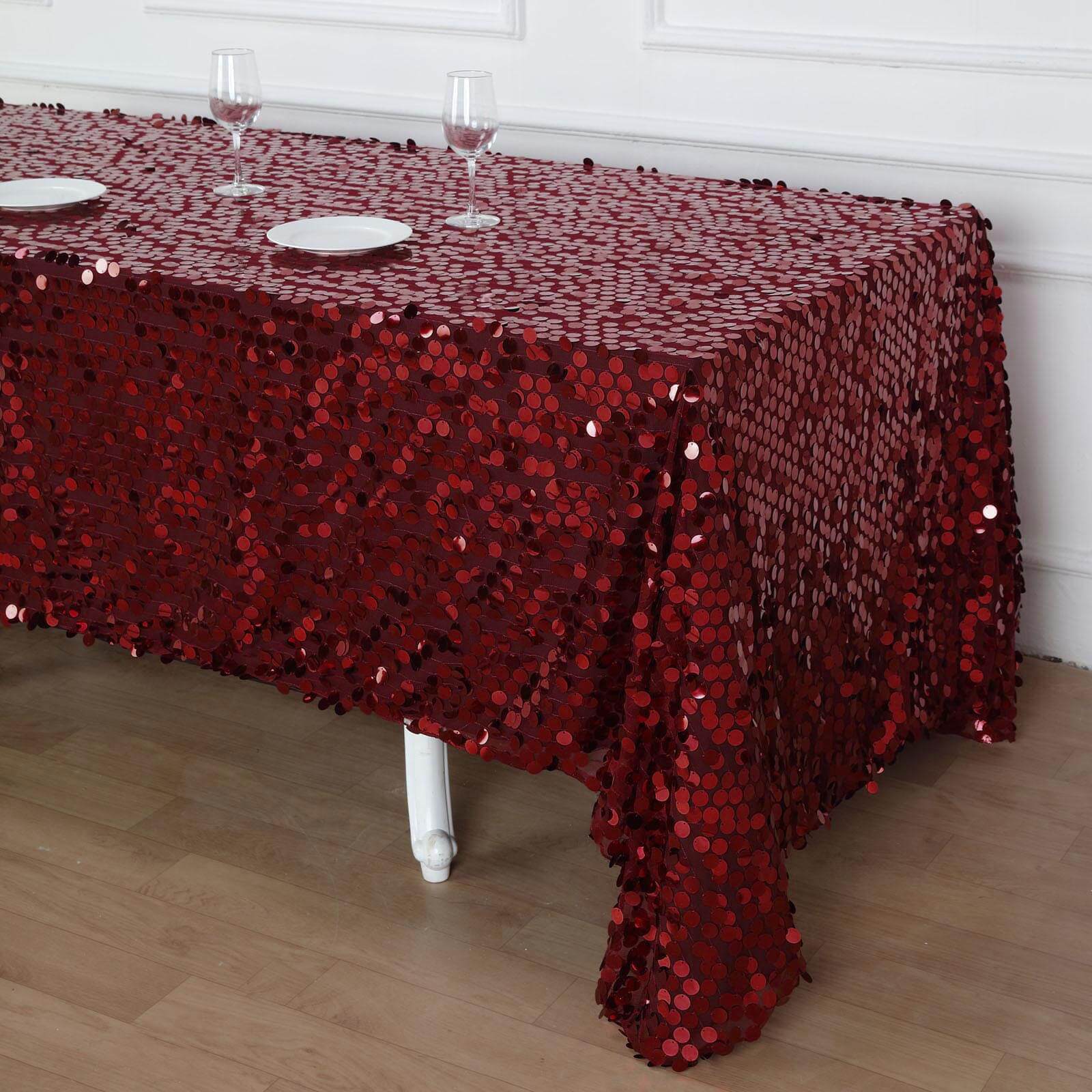 Sequin 90"x132" Rectangle Tablecloth Burgundy - Seamless Big Payette Design for Sophisticated Occasions
