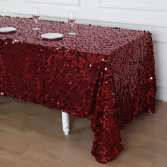 Sequin 90"x132" Rectangle Tablecloth Burgundy - Seamless Big Payette Design for Sophisticated Occasions