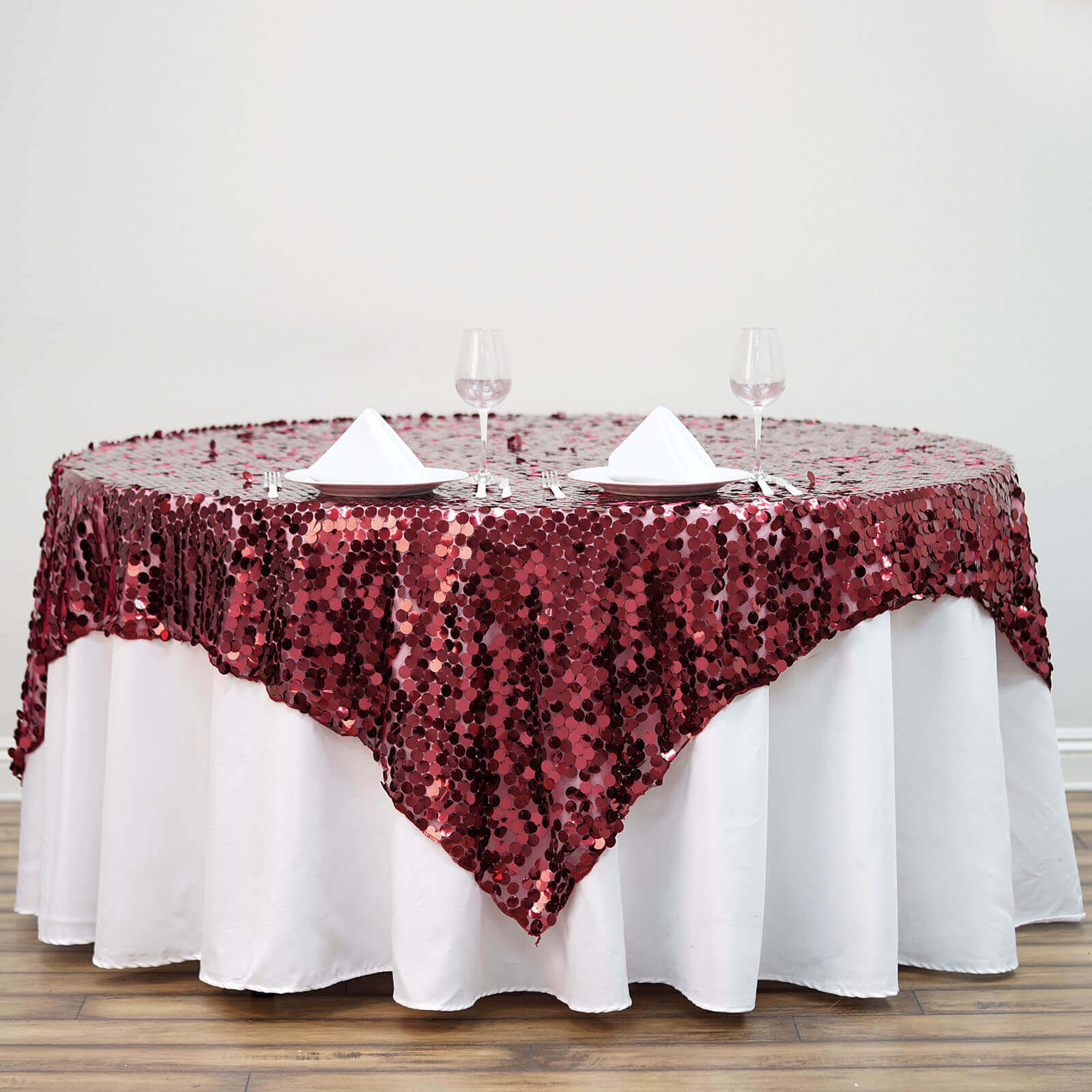 72"x72" Burgundy Big Payette Sequin Square Table Overlay