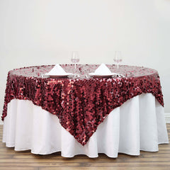 72"x72" Burgundy Big Payette Sequin Square Table Overlay