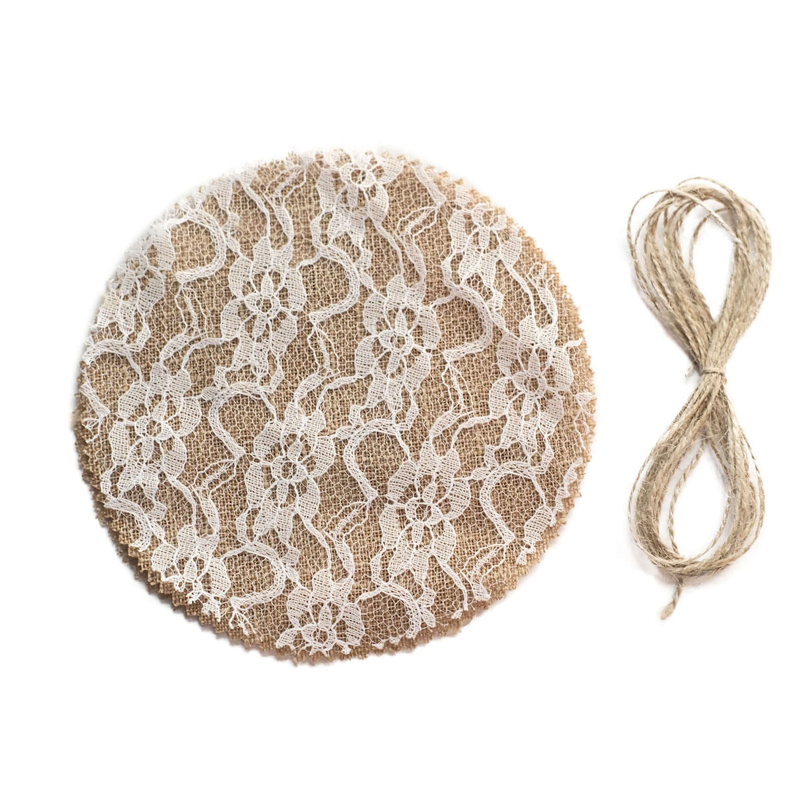 Set of 6 Mason Jar Lid Covers Rustic Burlap/White Lace Fabric Design with Jute String - Scalloped Edge Natural Linen Favor Covers 6"