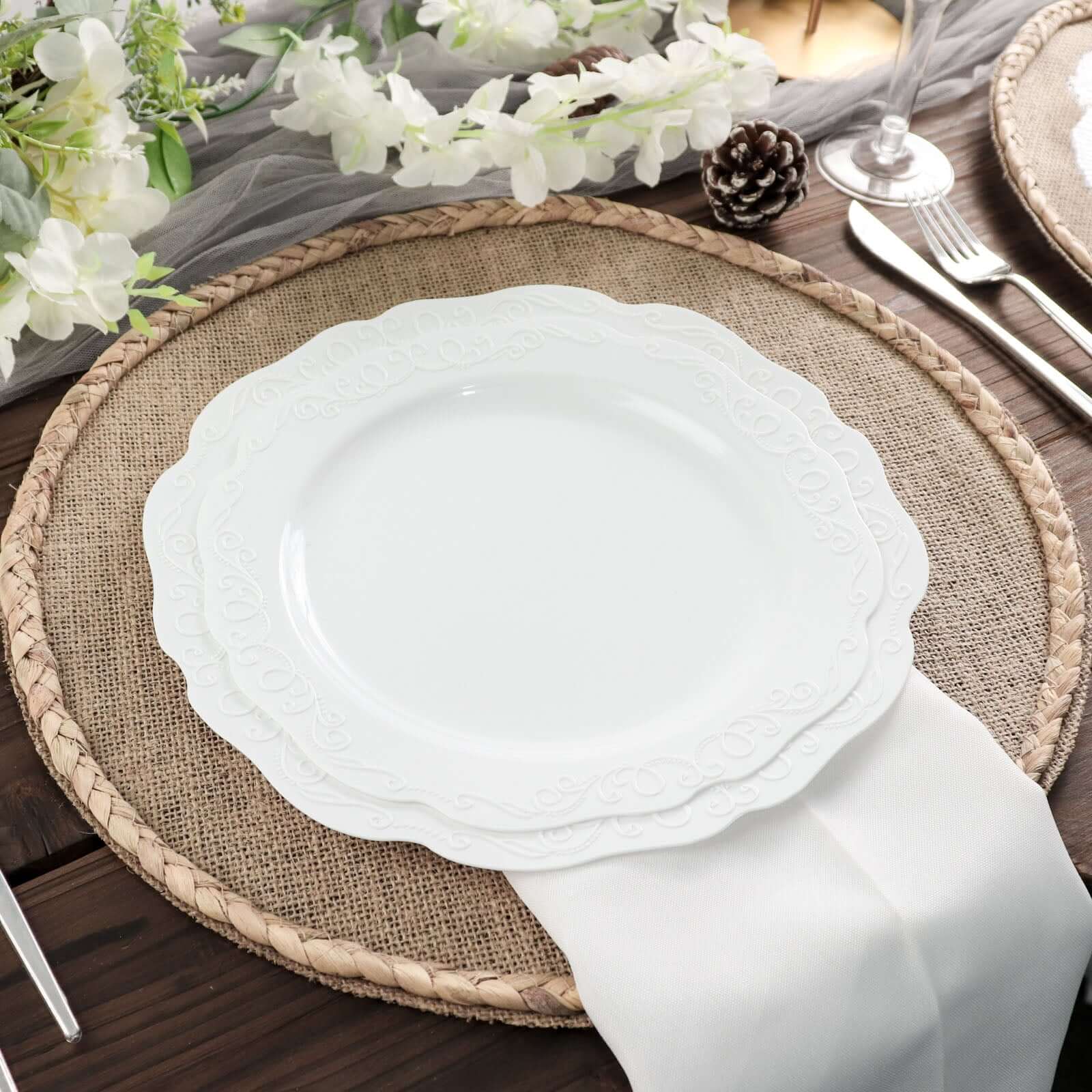 4-Pack Placemats Braided Edge Design Natural Burlap Jute Round - Rustic Farmhouse Style with Trim 15"