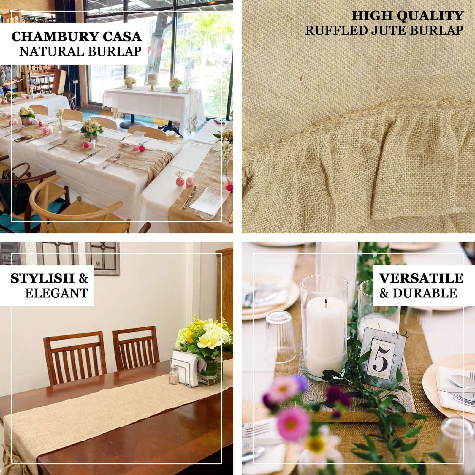 Burlap Jute 14"x108" Table Runner Natural with Ruffled Edges - Rustic Boho Chic Tabletop Decor