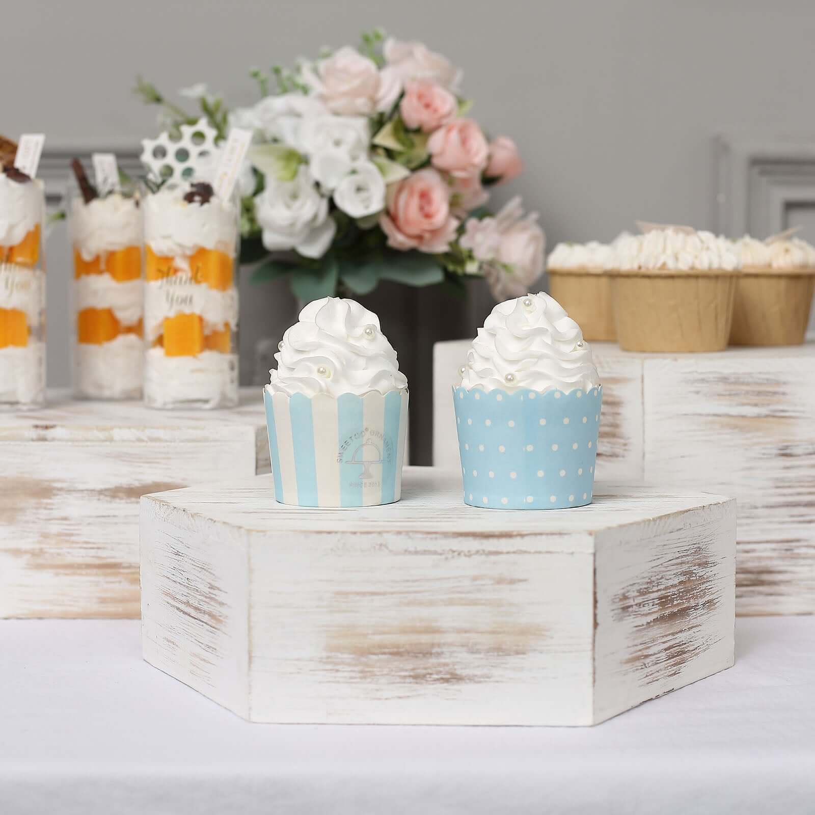Set of 3 Wooden Dessert Display Boxes Whitewashed Hexagonal Design - Stackable Riser Cake Stand 9", 11", 13"