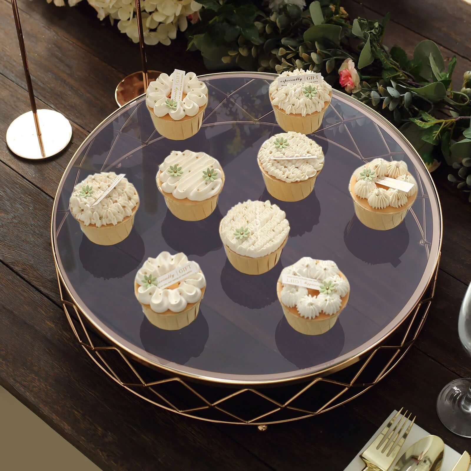 Metal Cake Stand Geometric Diamond Cut Design Gold with Glass Top - Dessert Display Riser 16"