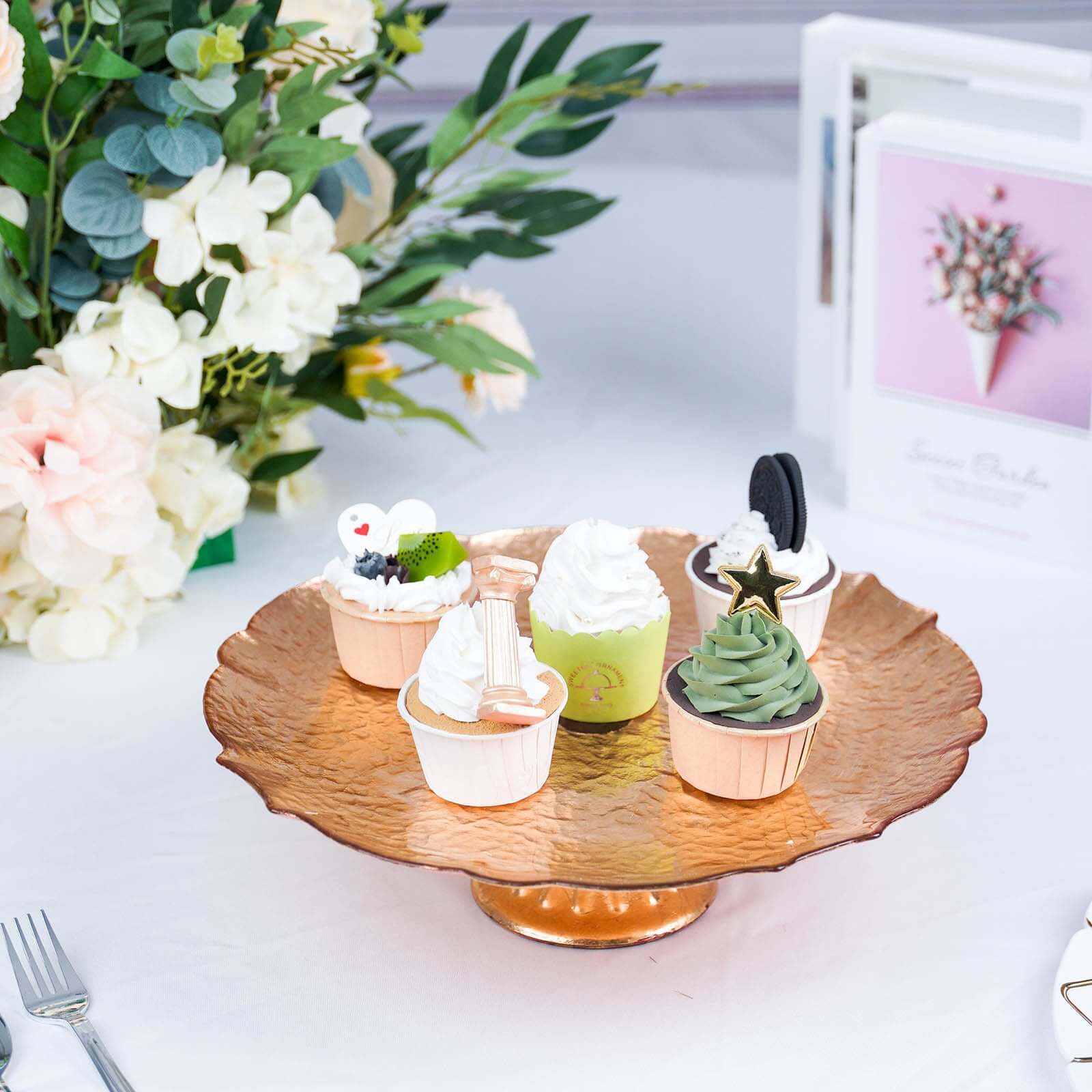 Glass Pedestal Cake Stand Scalloped Edge Design Rose Gold - Cupcake Holder and Dessert Display Plate 14"