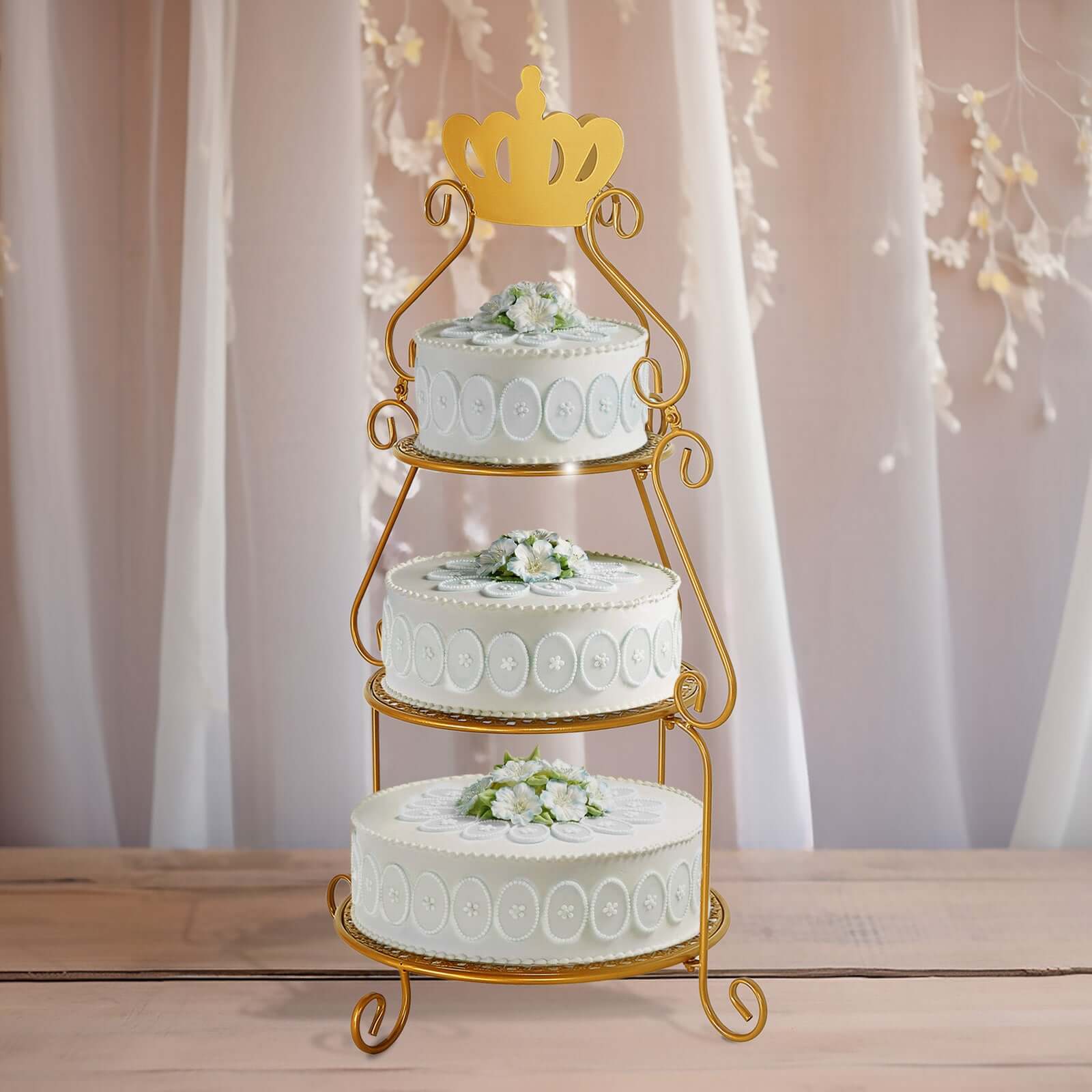 3 Tier Metal Round Cake Stand 32" Gold with Crown Top - Easy To Assemble Cupcake Holder Dessert Display Stand for Sophisticated Tea Parties Buffet Tables & Special Occasions