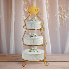 3 Tier Metal Round Cake Stand 32" Gold with Crown Top - Easy To Assemble Cupcake Holder Dessert Display Stand for Sophisticated Tea Parties Buffet Tables & Special Occasions