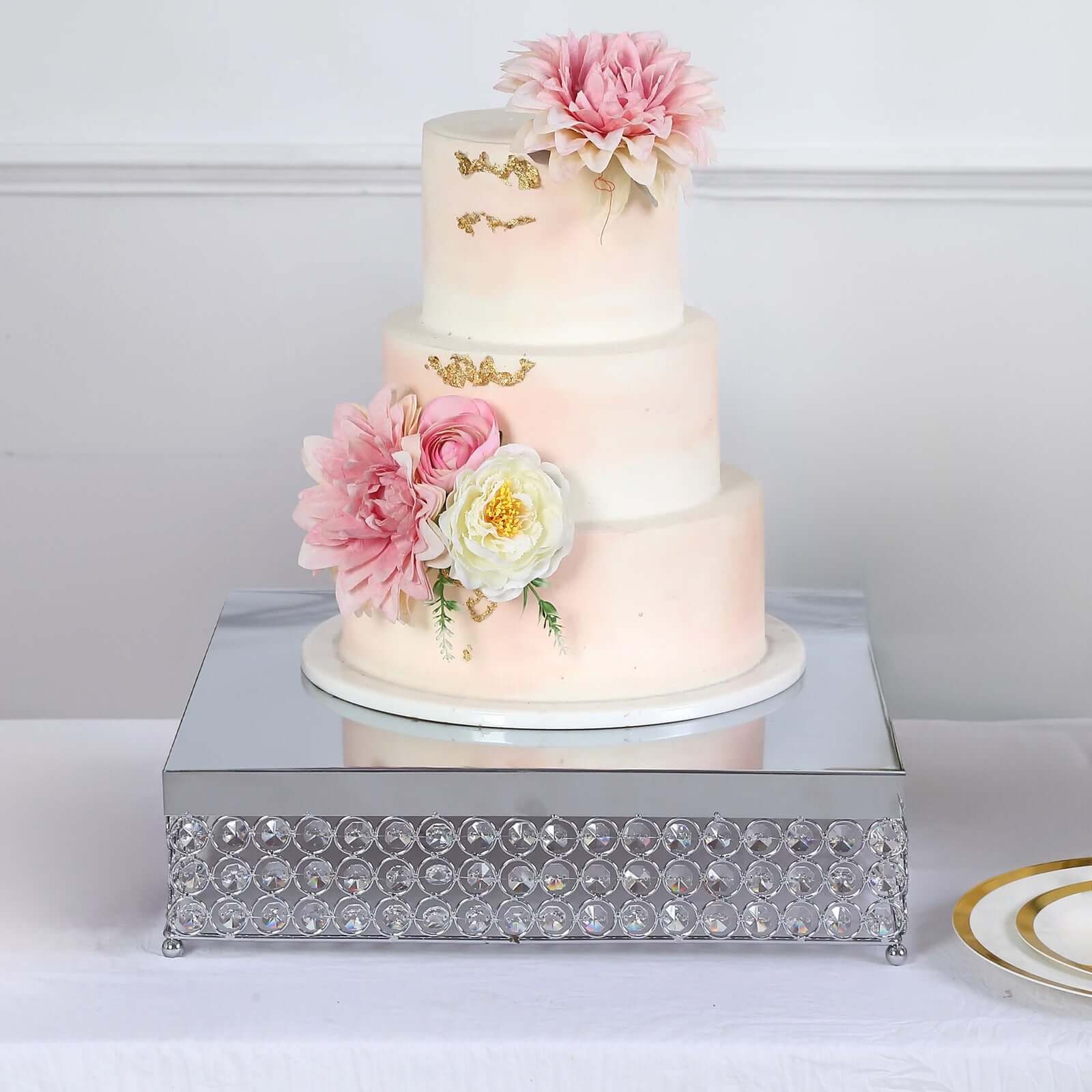 Metal Cake Stand Square Design with Crystal Beads Silver - Dessert Pedestal for Events 16"