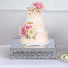 Metal Cake Stand Square Design with Crystal Beads Silver - Dessert Pedestal for Events 16"