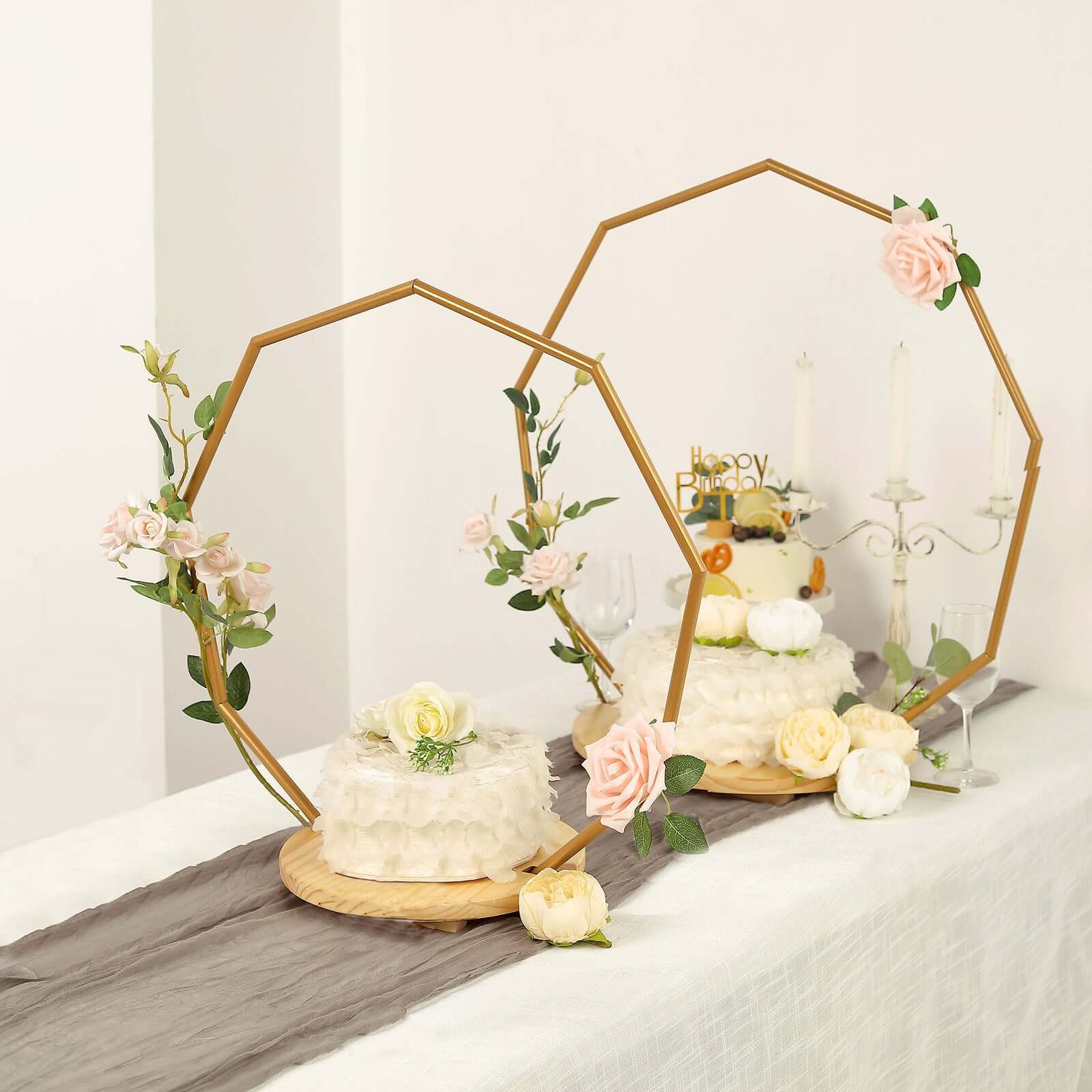 Metal Nonagon Floral Hoop Cake Stand Gold - Chic Geometric Dessert Display DIY Centerpiece Table Decoration With Wooden Base 22"