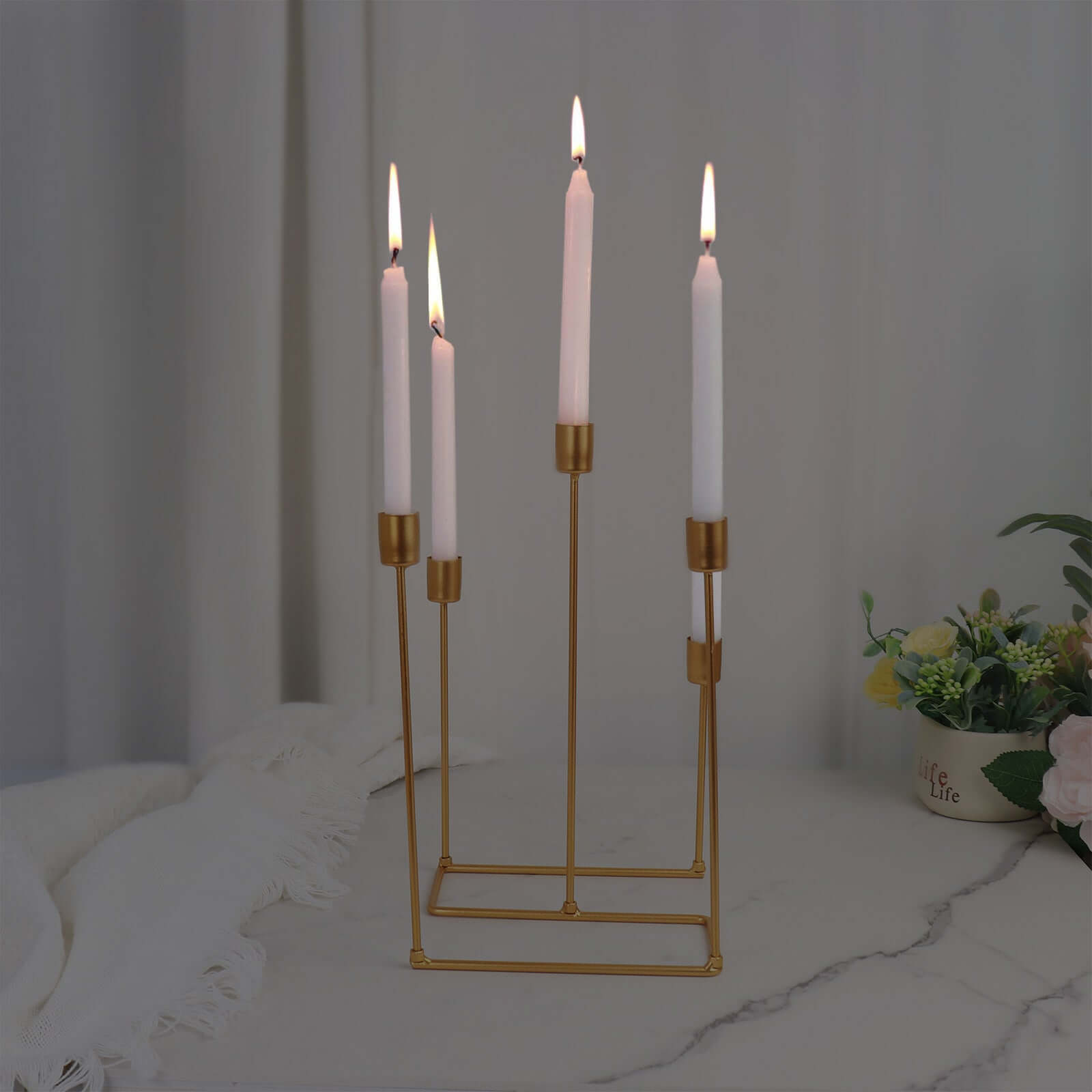 Taper Candle Holder Gold Metal 5-Arm Geometric Candelabra Design - Decorative Piece for Banquets and Celebrations 12"