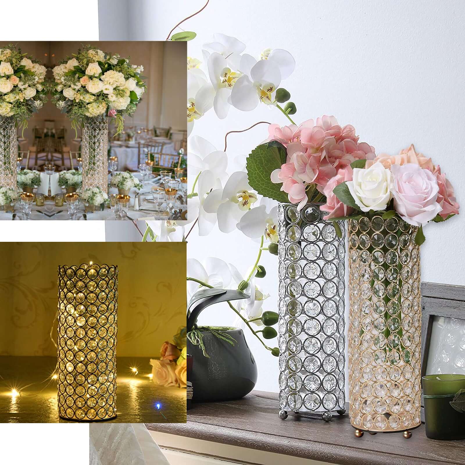 Full Crystal Beaded Candle Holder Shiny Metallic Silver Metal - Stylish Pillar Stand for Weddings 16"