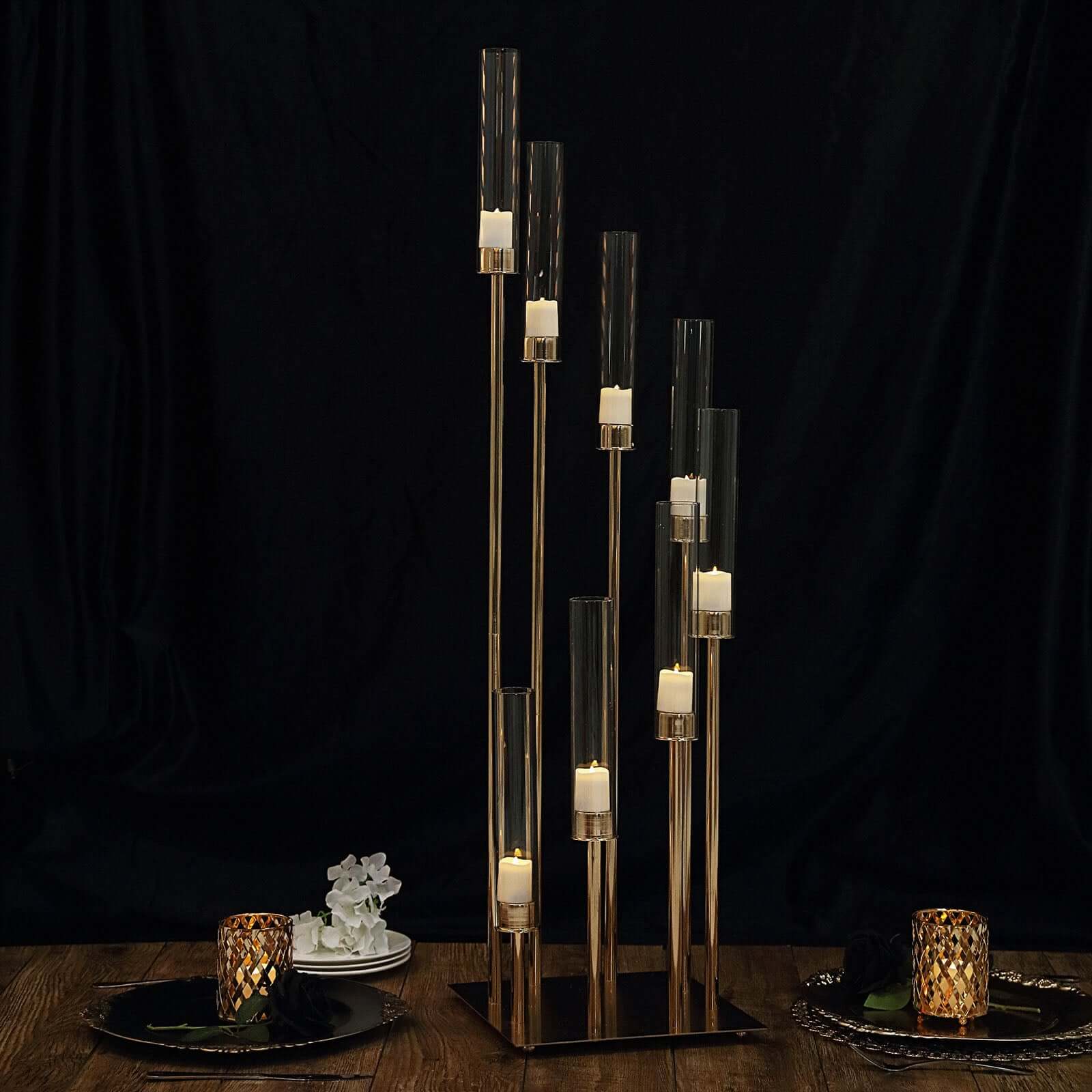 8 Arm Cluster Taper Candle Holder Gold - Stunning Large Candle Arragement With Clear Glass Shades for Grand Banquets & Celebrations 42"