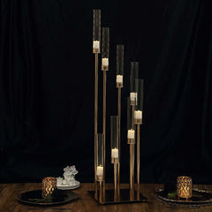 8 Arm Cluster Taper Candle Holder Gold - Stunning Large Candle Arragement With Clear Glass Shades for Grand Banquets & Celebrations 42"