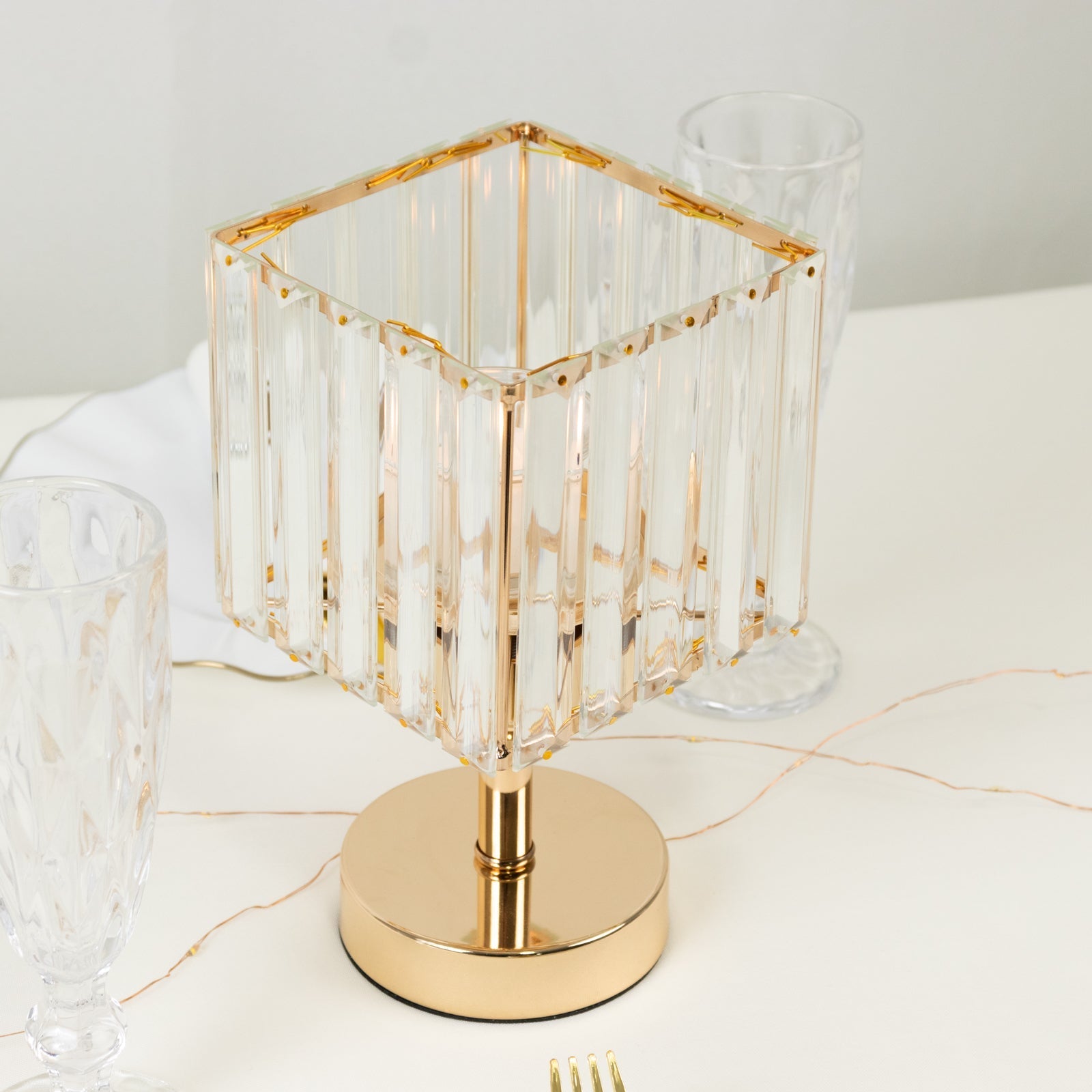 2 Pack 9" Crystal Pendant Hurricane Candle Holders in Gold, Elegant Square Design for Pillar Candles, Decorative Table Centerpieces